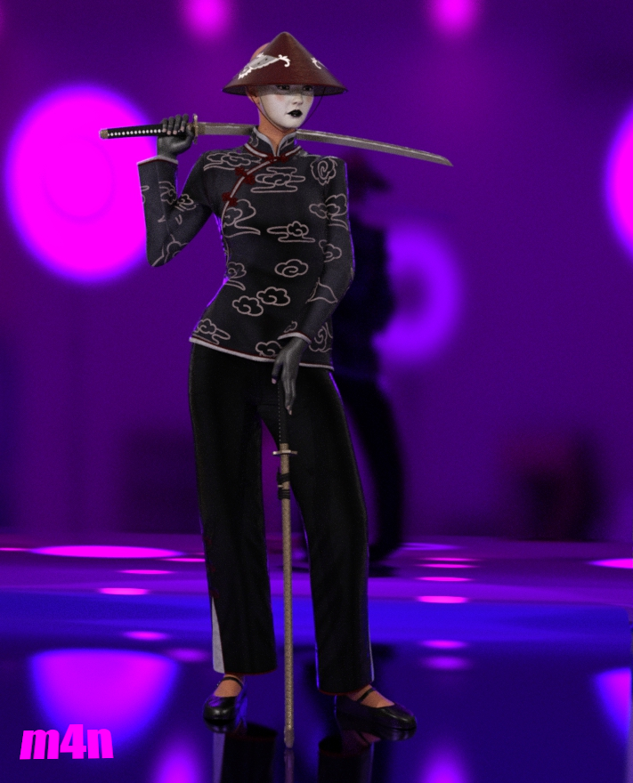Traditionelle gekleidete japanische Frau im Studio mit Katana Schwert