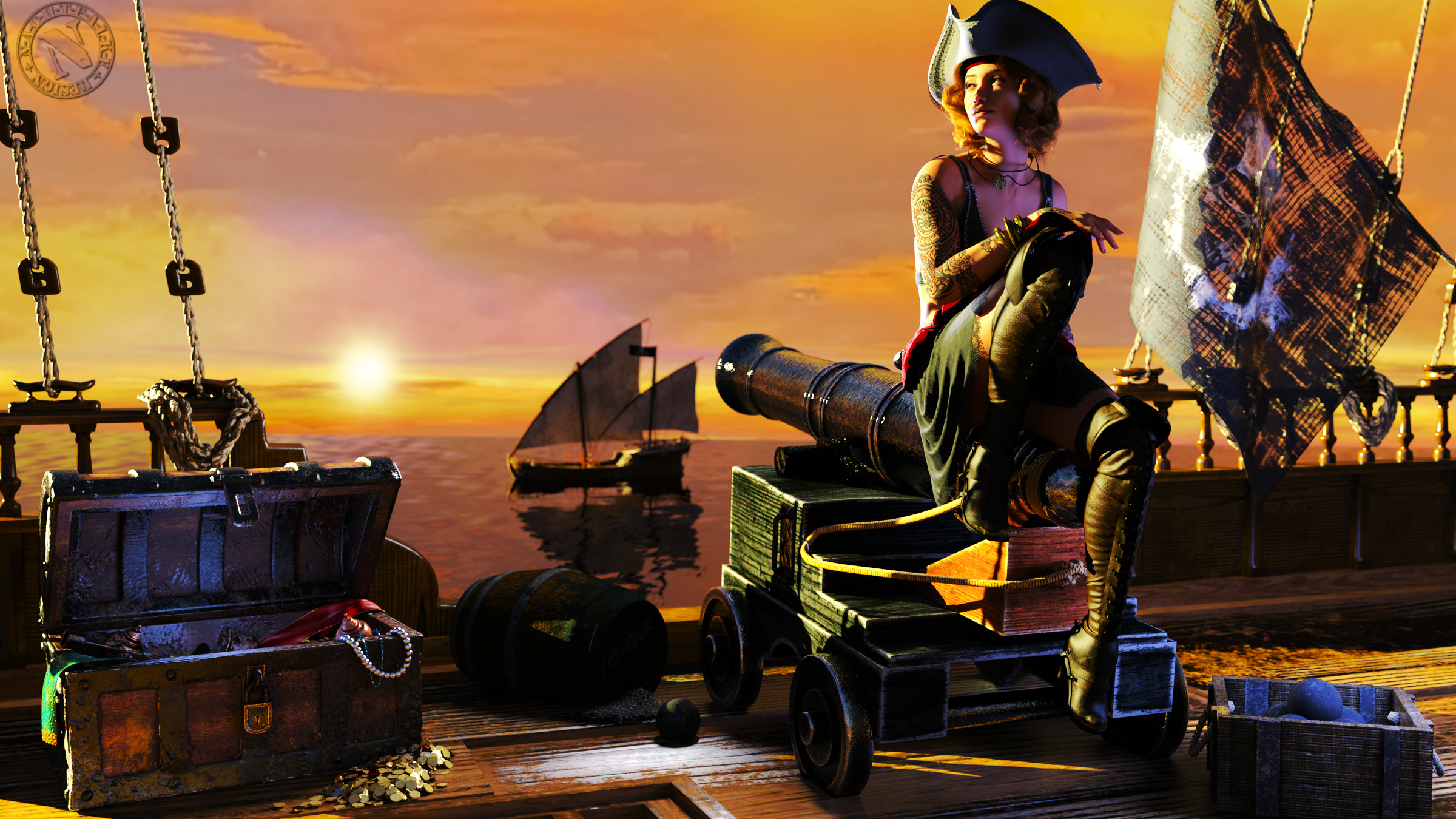 Piratenlady bei Sonnenuntergang