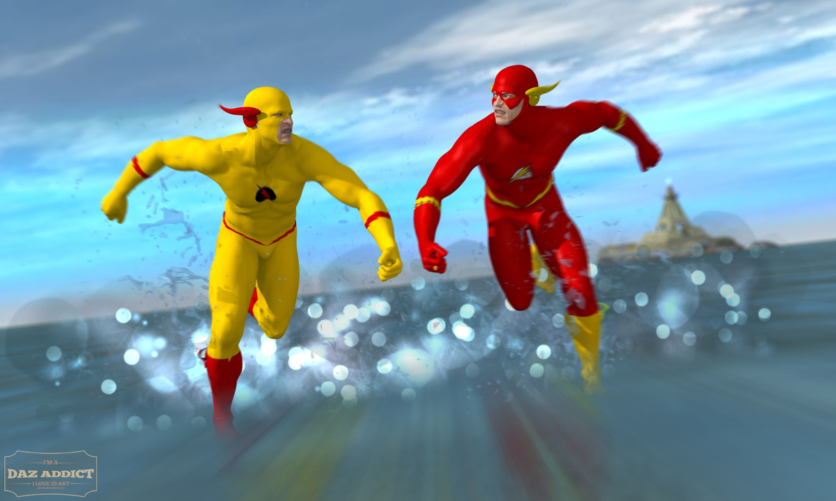 Prof. Zoom und Roter Blitz rennen übers Wasser